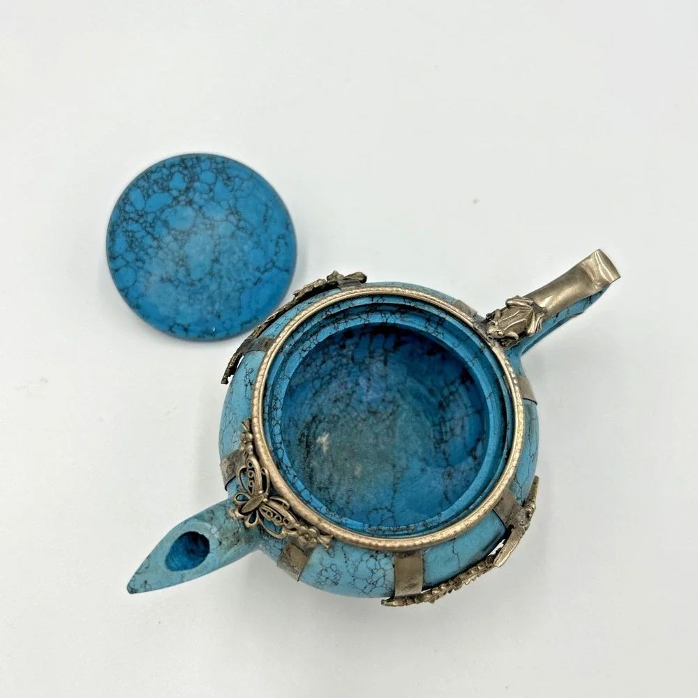 Oriental Turquoise Miniature Teapot with Silver Accents Dragon Phoenix